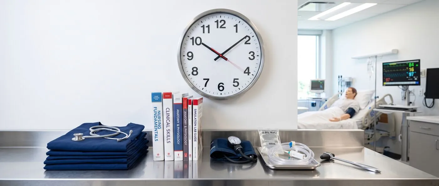 A nursing simulation lab with a wall clock, scrubs, and textbooks