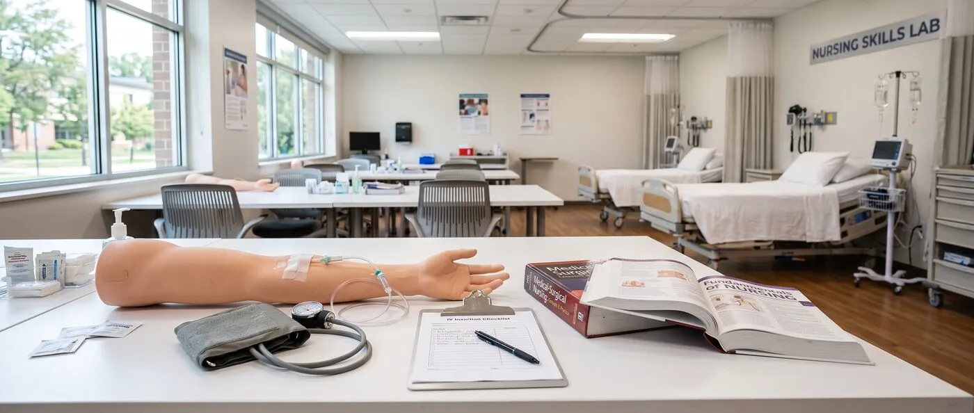 A community college nursing skills lab with training equipment
