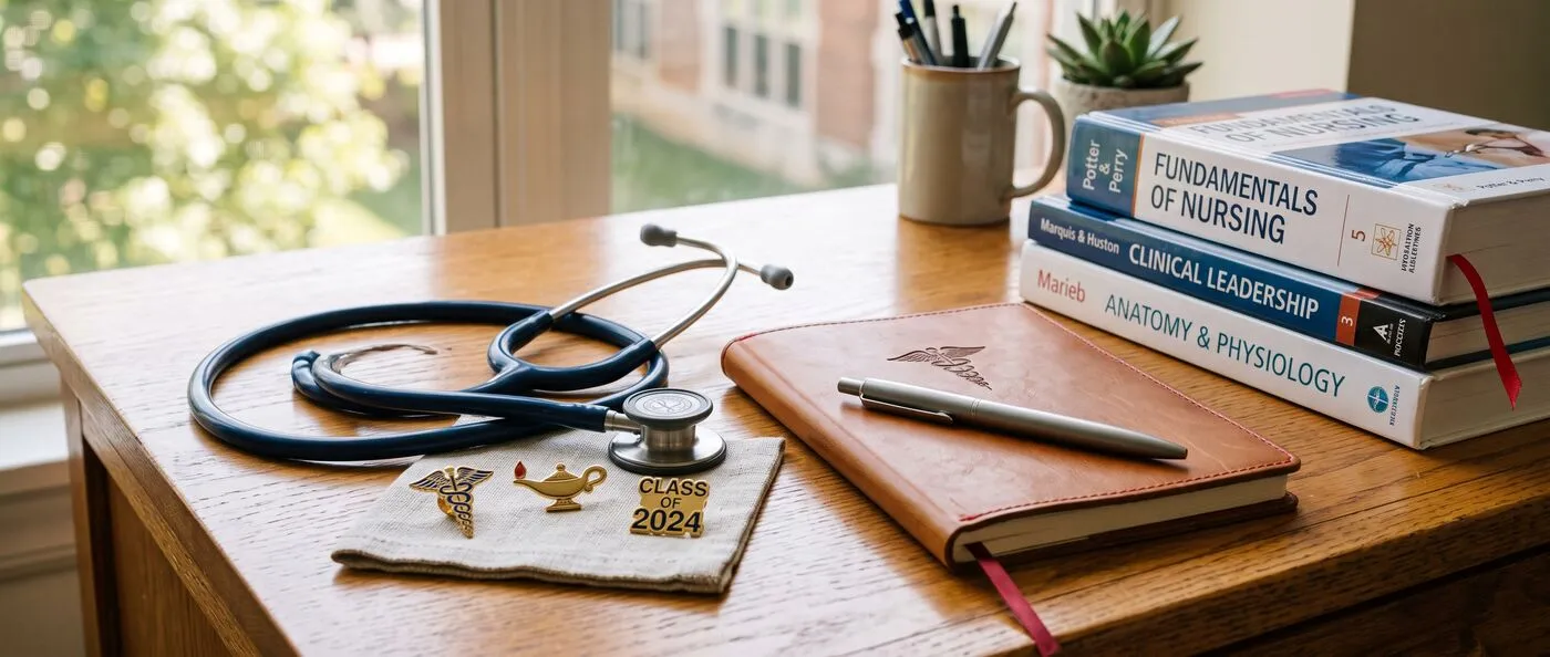 A nurse study desk with a stethoscope, pins, and nursing textbooks