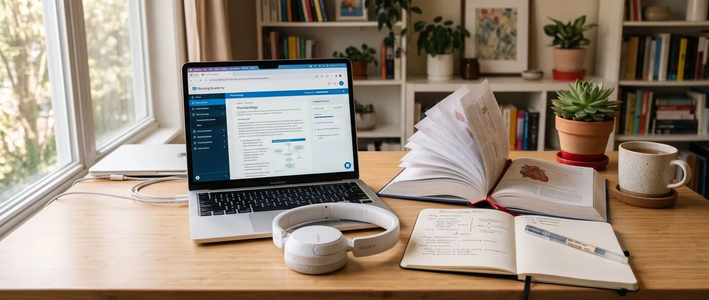 A home study desk with a laptop, headphones, and nursing textbooks