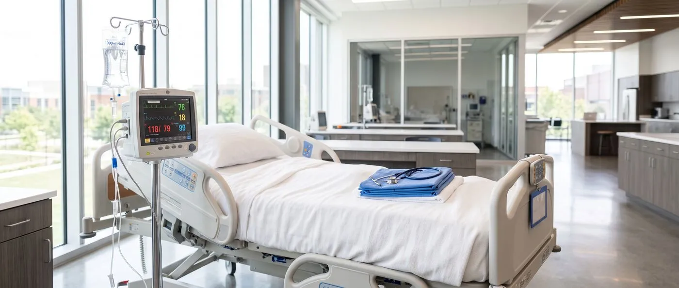 A university nursing skills lab with a simulation bed and monitors