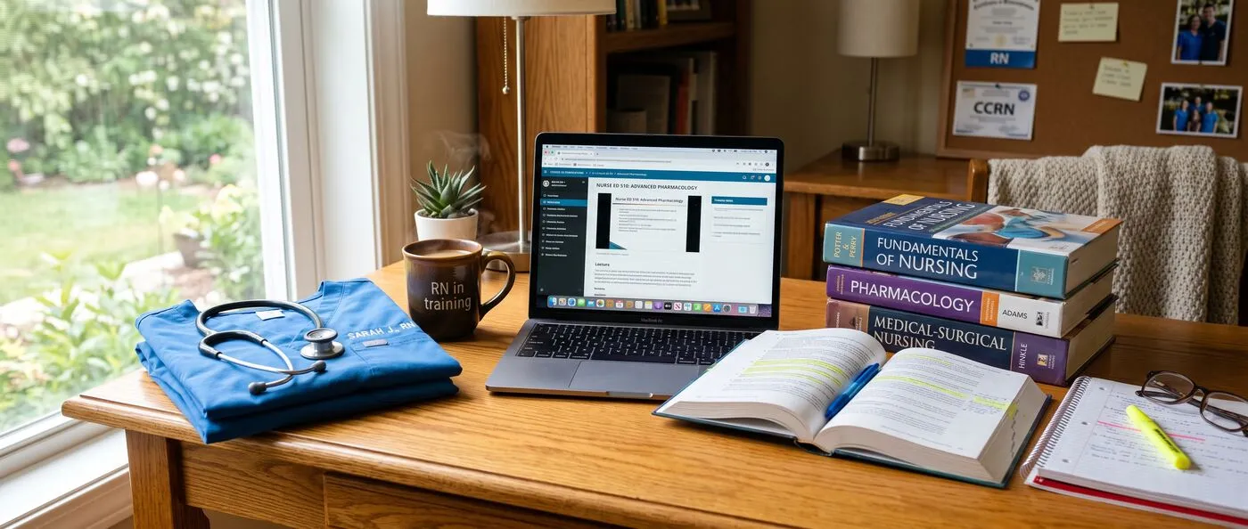 A home desk with a laptop showing an online nursing course, scrubs, and textbooks